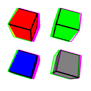 four cubes with black edges. Going clockwise from the upper left, the cube faces are red, green, gray, and blue.