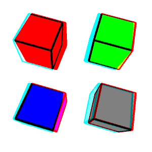 four cubes with black edges. Going clockwise from the upper left, the cube faces are red, green, gray, and blue.