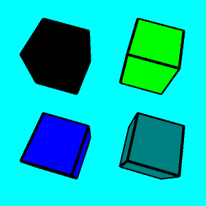 four cubes with black edges and cyan background. Going clockwise from the upper left, the cube faces are black, yellow, blue, and blue.