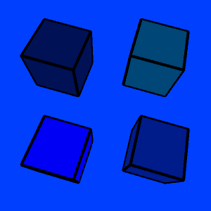 four cubes with black edges and blue background. Going clockwise from the upper left, the cube faces are shades of blue.