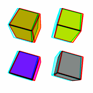 four cubes with black edges. Going clockwise from the upper left, the cube faces are yellow, yellow, gray, and magenta.