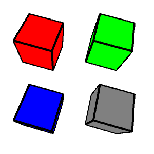four cubes with black edges. Going clockwise from the upper left, the cube faces are red, green, gray, and blue.