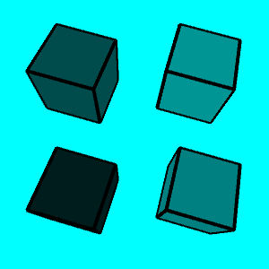 four cubes with black edges and cyan background. Going clockwise from the upper left, the cube faces are all shades of cyan.