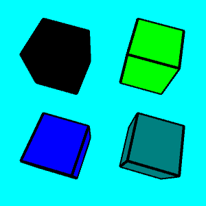 four cubes with black edges and cyan background. Going clockwise from the upper left, the cube faces are black, yellow, cyan, and blue.