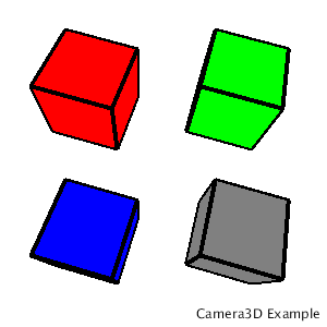 four cubes with black edges. Going clockwise from the upper left, the cube faces are red, green, gray, and blue.