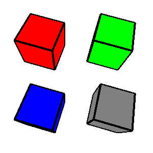 four cubes with black edges. Going clockwise from the upper left, the cube faces are red, green, gray, and blue.