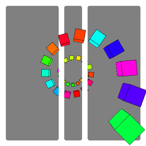 spiral of colored cubes gradually increasing in size with two white bars in the center. The white bars are blocking the view of the cubes in the center of the spiral.