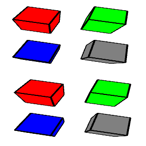 composite of the same four cubes with black edges pictured twice, one above the other. Going clockwise from the upper left, the cube faces are red, green, gray, and blue.