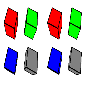 composite of the same four cubes with black edges pictured twice, one on the right and one on the left. Going clockwise from the upper left, the cube faces are red, green, gray, and blue.