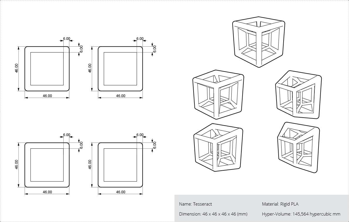 formal design diagram showing measurements of the hypercube and several views of the hypercube rotated in 4D space.