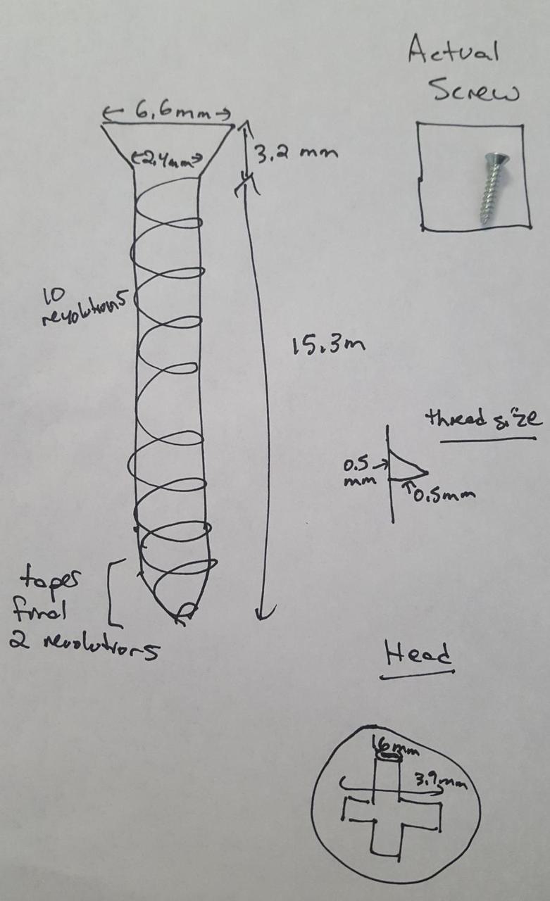 Crude drawing of a screw with measurements for width, length, and distance between threads. Also, real screw in the upper right corner.