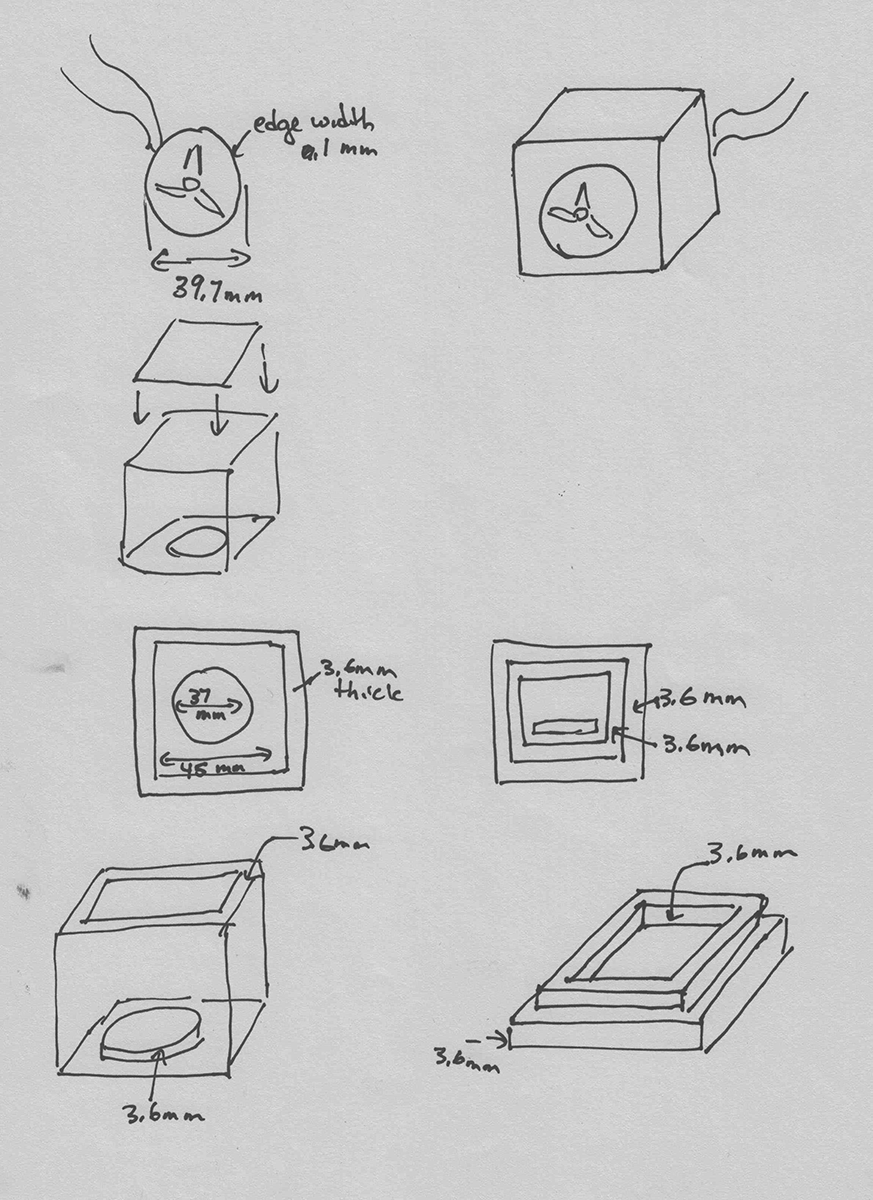 sketch of speaker parts with measurements for how big or thick each piece will be
