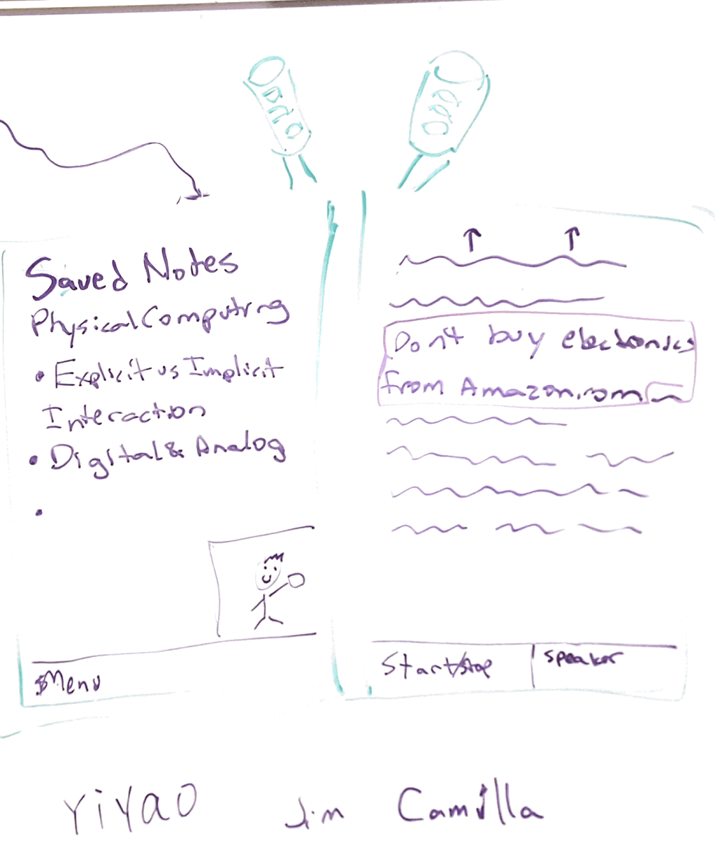 drawing of prototype with text of class notes outline on left and detailed speech transcript on the right.