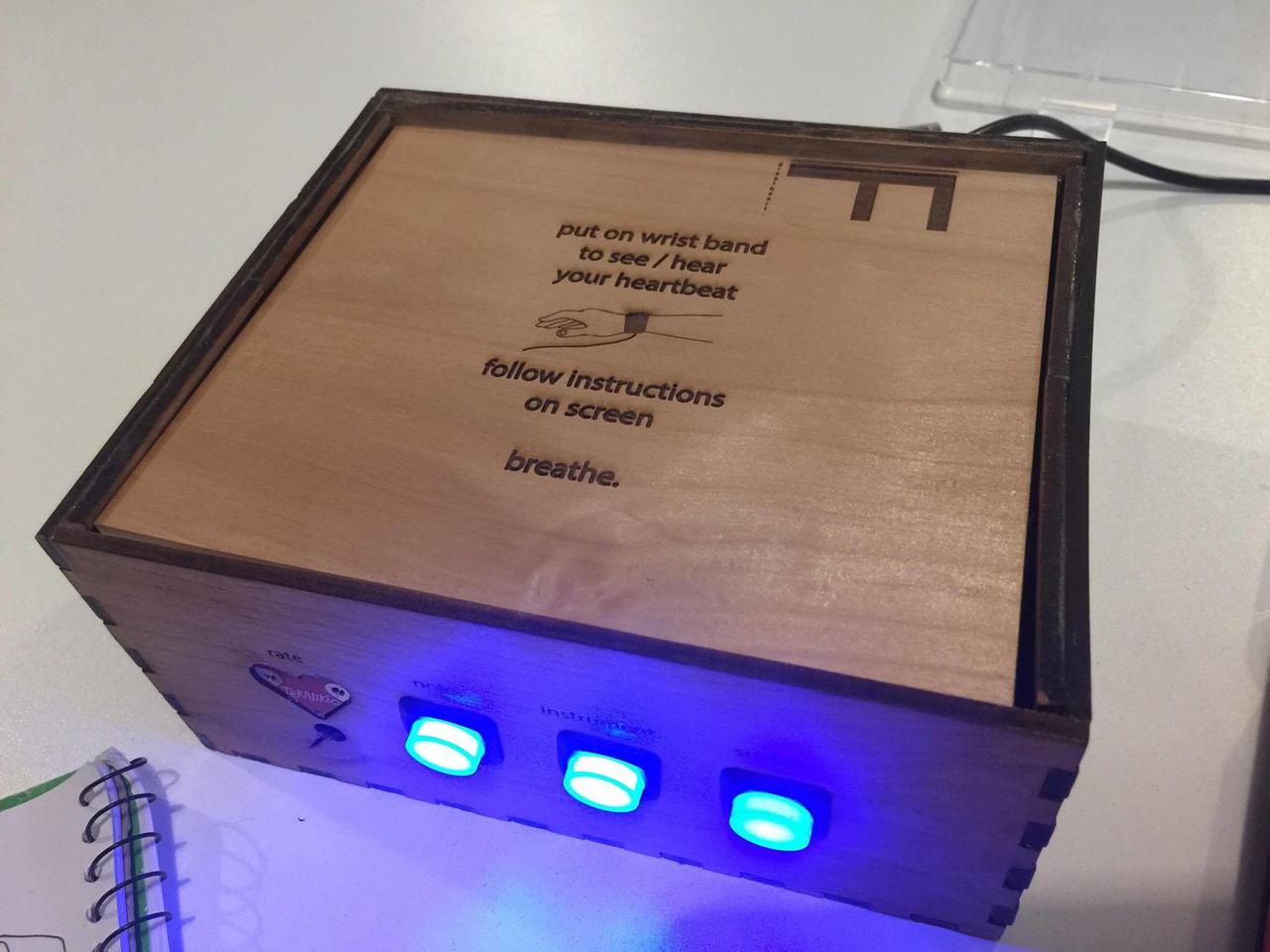 Wooden box with neatly enclosed wires and bright blue buttons