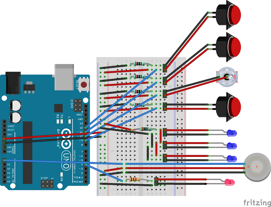 arduino connected to breadboard, with 4 buttons hooked up with pulldown resistors, 3 LEDs connected to a resistor and power and ground, and one LED wired to arduino pin 4 with a resistor.