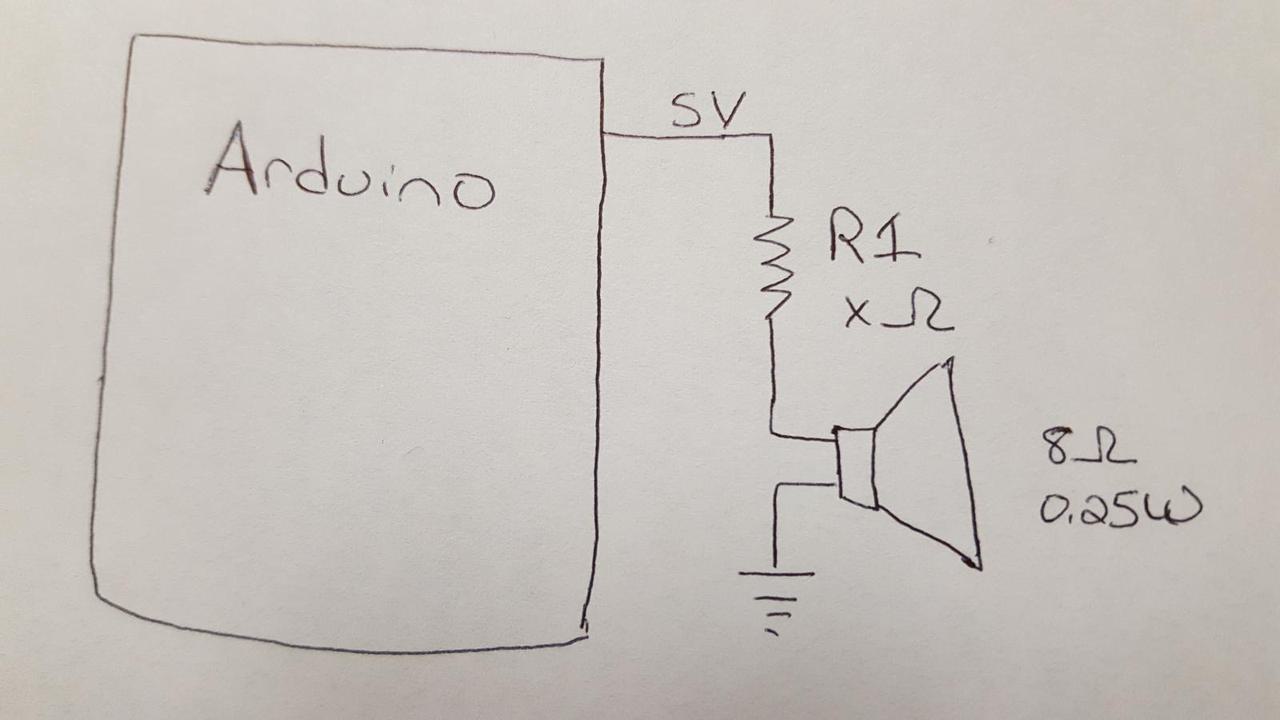 Drawing showing Arduino connected to a resistor, connected to a speaker, connected to ground.