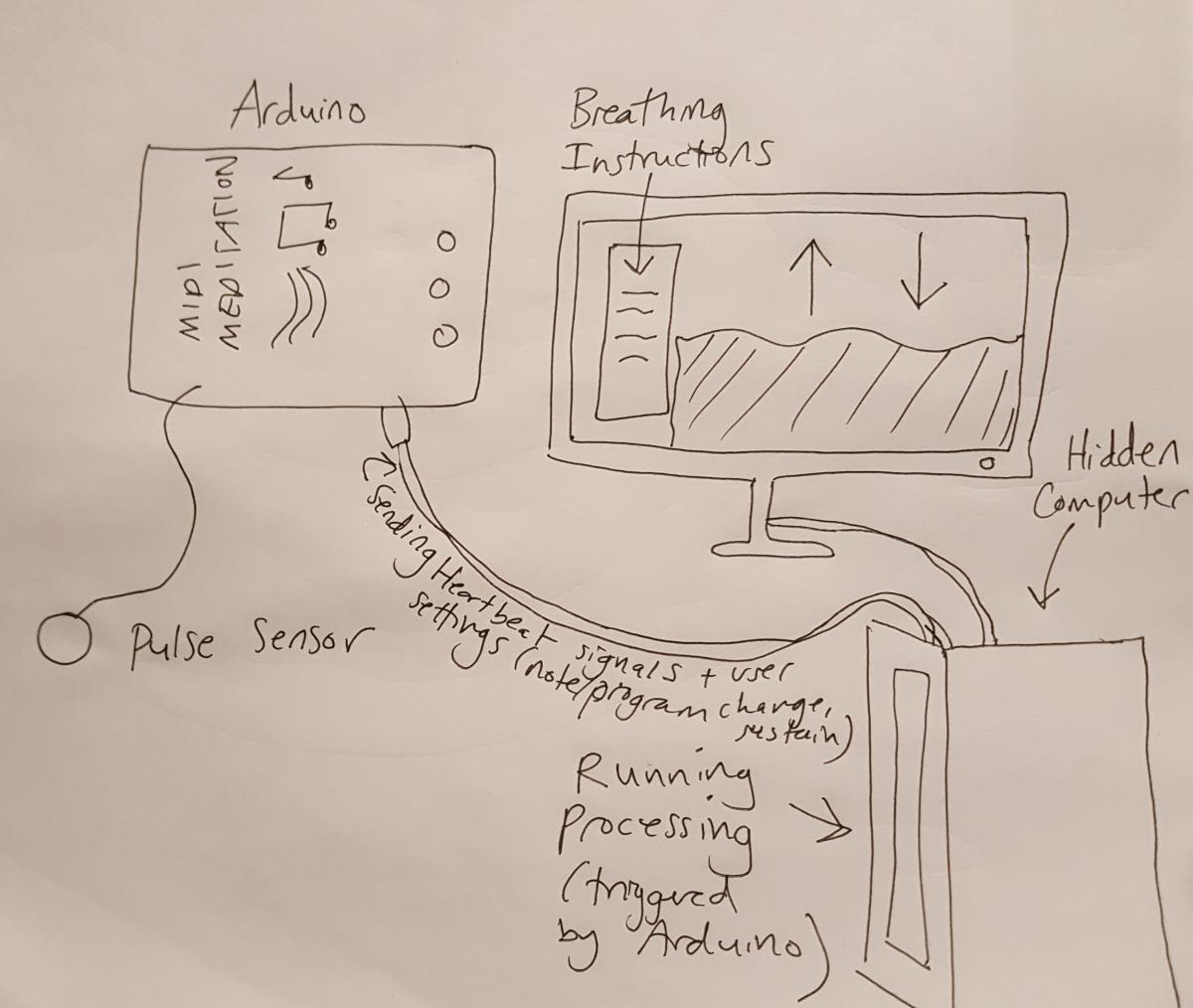 drawing of pulse sensor connected to an arduino, connected to a hidden computer, connected to a computer monitor