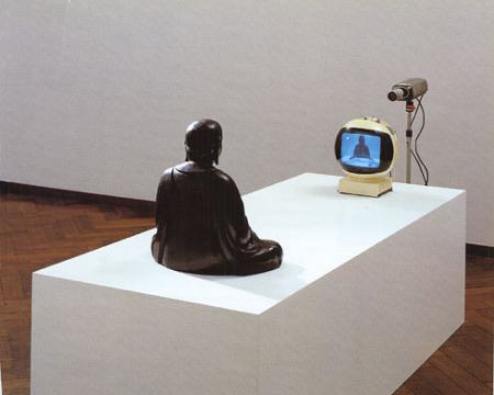 buddha statue facing a tv, displaying an image of the buddha statue.