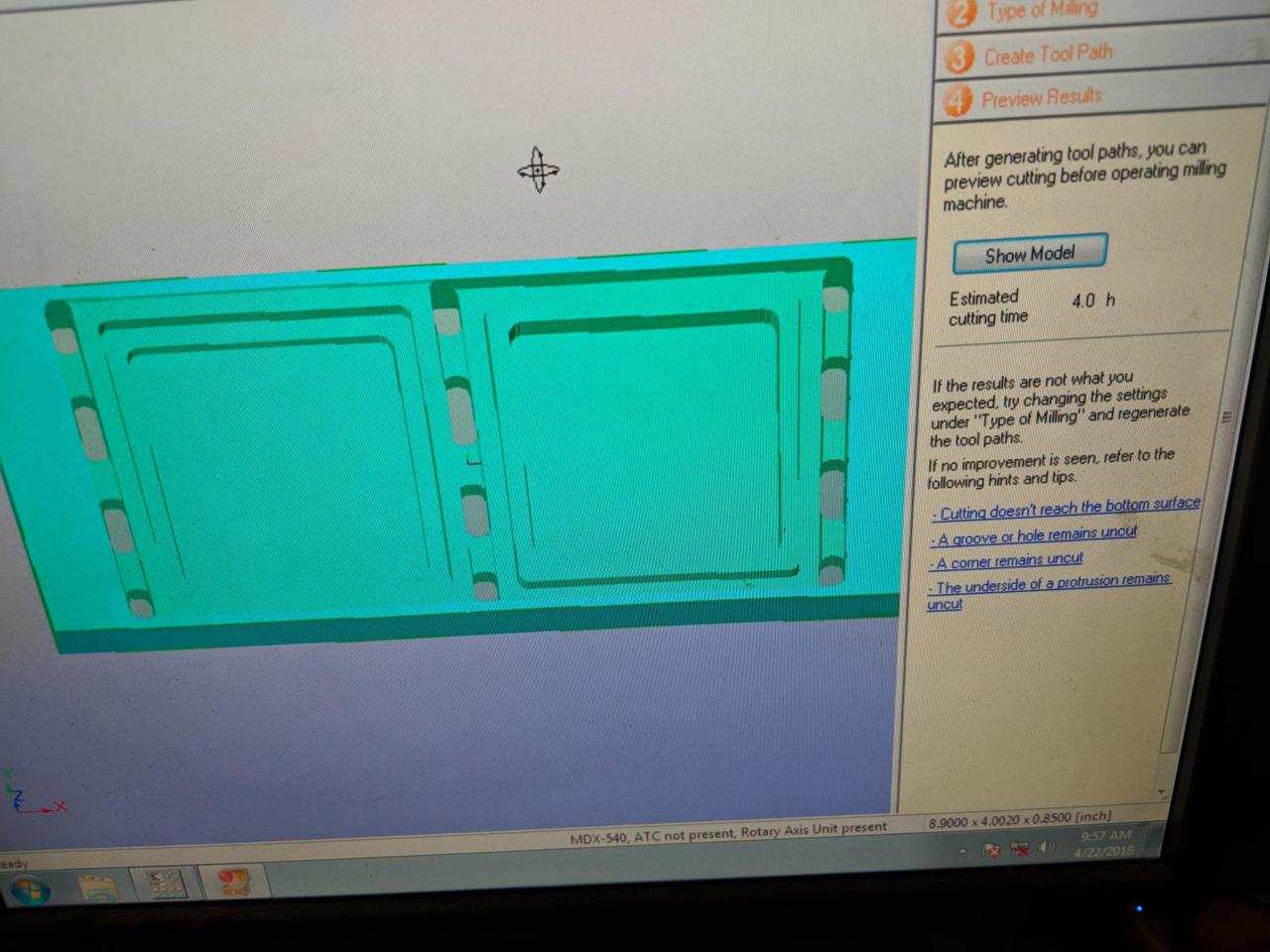 computer monitor showing the milling software estimating 4 hours to mill project