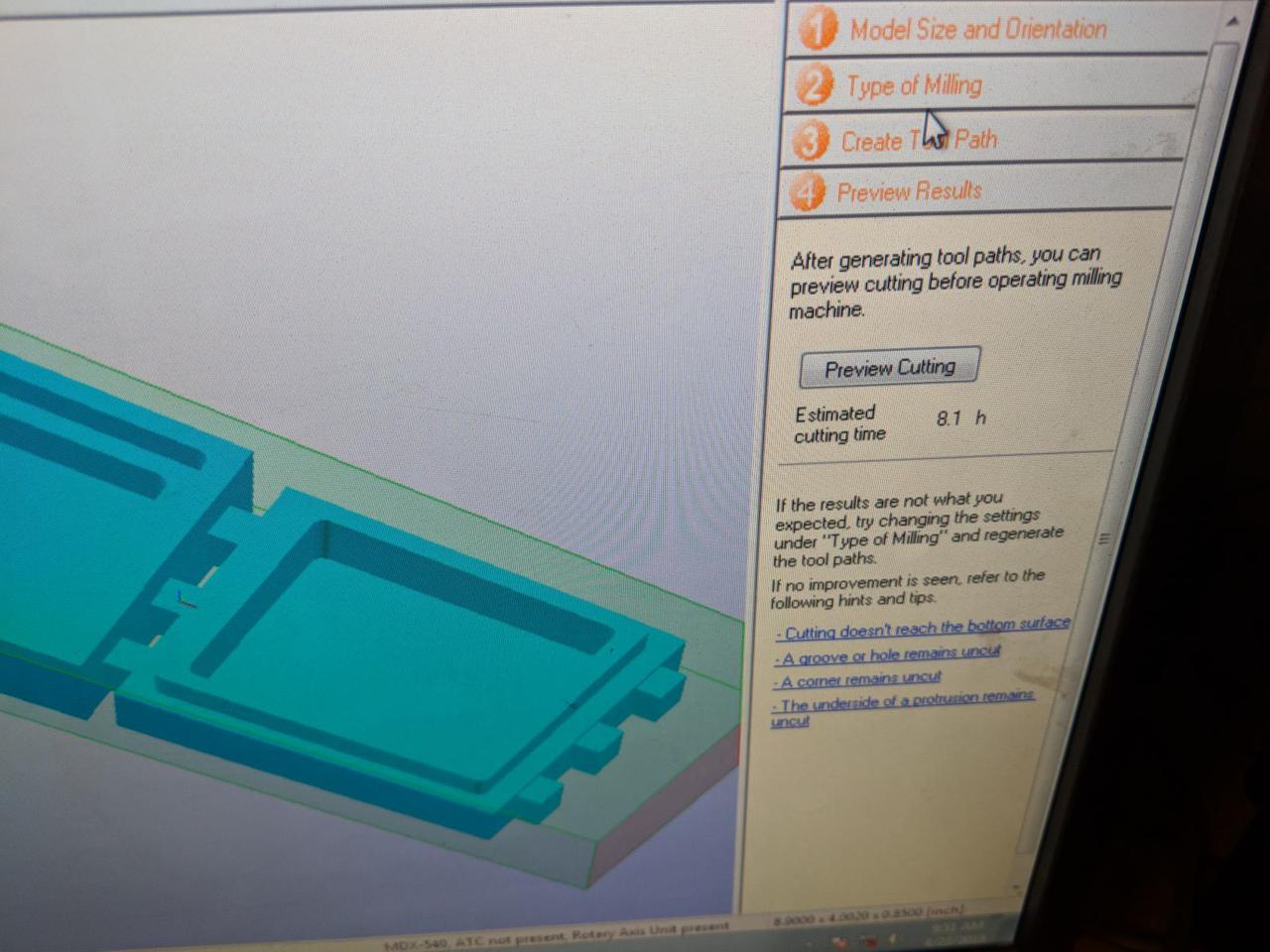 computer monitor showing the milling software estimating 8 hours to mill project