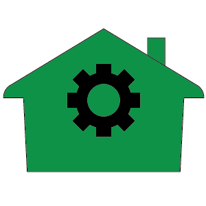 house illustration with chimney and gear symbol in the center