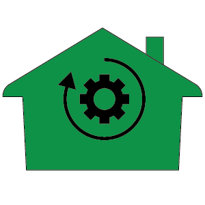 house illustration with chimney and gear symbol and curved arrow in the center