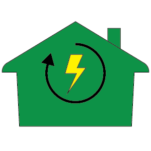 house illustration with chimney and lightening bolt symbol and curved arrow in the center