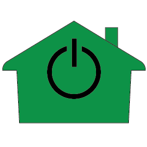house illustration with chimney and power button symbol in the center
