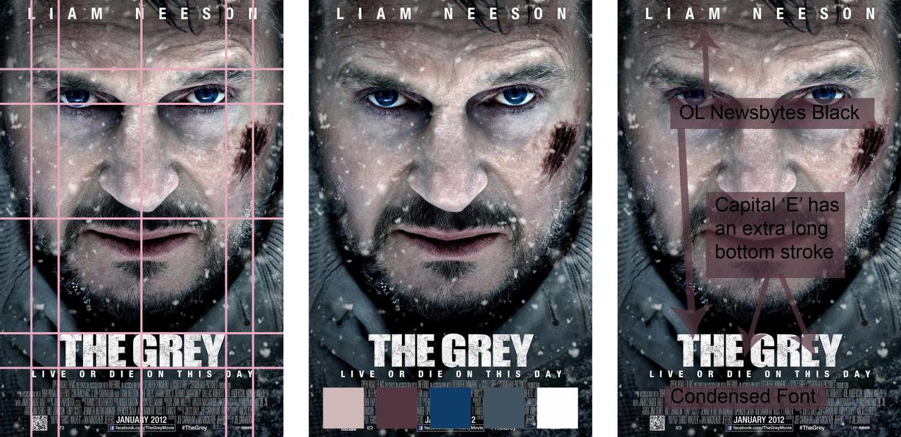 Triptych showing movie poster with grid, colors, and font choices, from left to right.