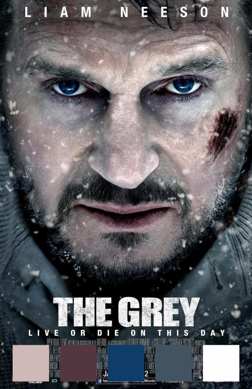 Movie poster for the movie The Grey with five colors swatches along the bottom.