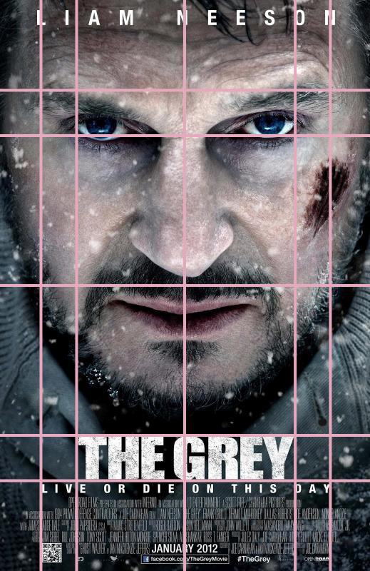Movie poster for the movie The Grey with grid lines showing how the text  lines up with Liam Neeson's eyes.