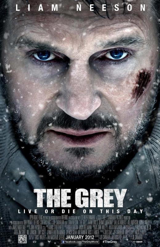 Movie poster for the movie The Grey. A close-up of Liam Neeson's face, which has a beard and several cuts on it.