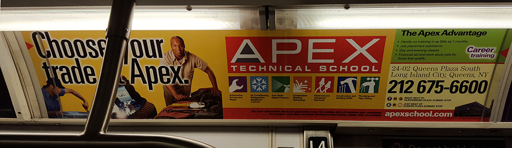 Subway advertisement for APEX Technical School, advertising their education services.