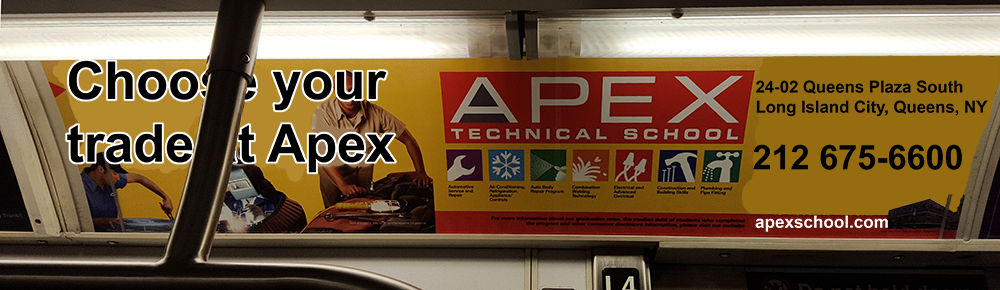 Subway advertisement for APEX Technical School, with relevant information in 1 font.