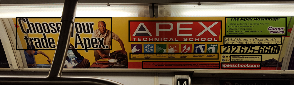 Subway advertisement for APEX Technical School with a box around each unique font.