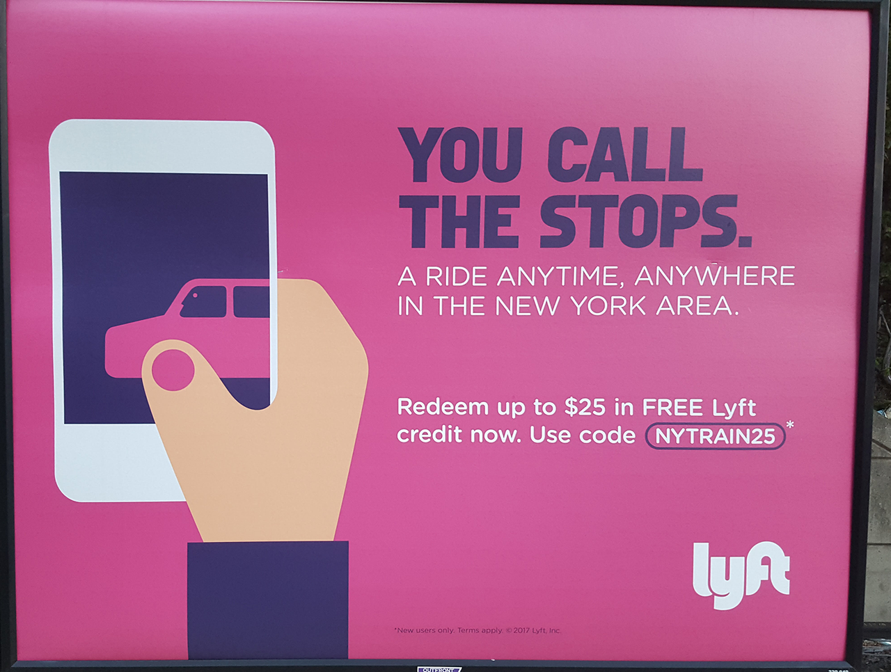 Lyft advertisement, announcing we can "Ride anytime, anywhere in the NYC area" with a $25 off discount code.