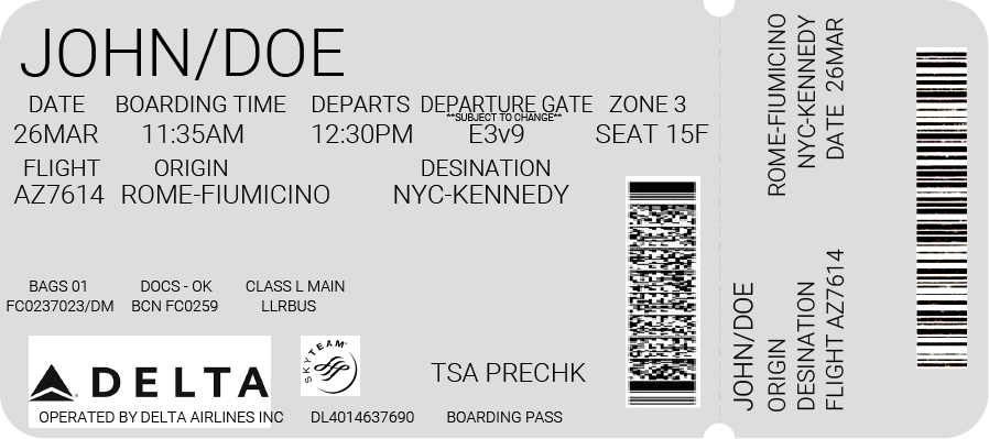 airplane boarding pass for Delta Airlines with passenger name at top in big letters.