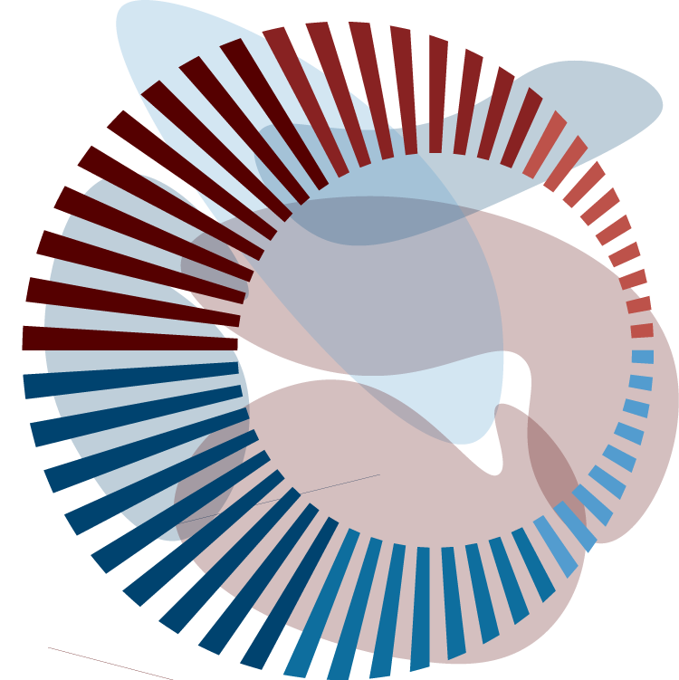 Abstract image using reddish and bluish colors to make a big circle and random blobs behind them.