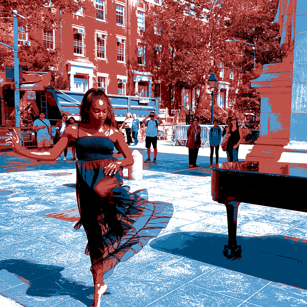 Woman in dress dancing next to a piano.