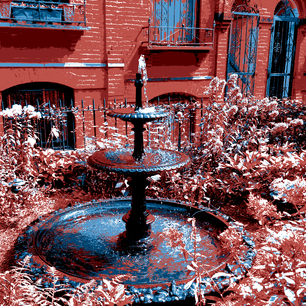 Fountain with plants all around.