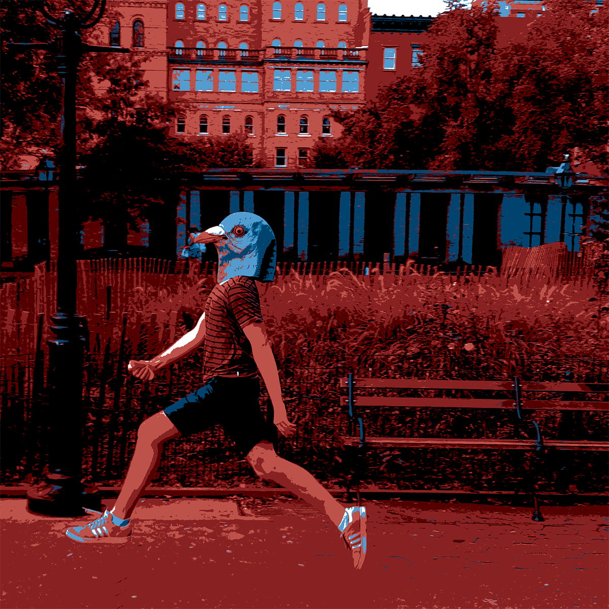 Person running while holding a hotdog bun and wearing a pigeon mask, covering their entire head.