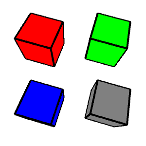 four cubes with black edges. Going clockwise from the upper left, the cube faces are red, green, gray, and blue.