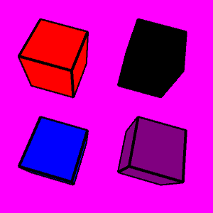 four cubes with black edges and magenta background. Going clockwise from the upper left, the cube faces are red, black, purple, and blue.