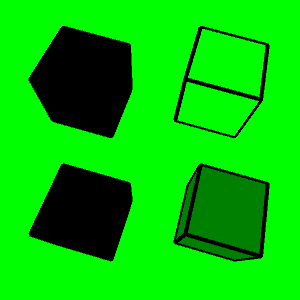 four cubes with black edges and green background. Going clockwise from the upper left, the cube faces are black, green, green, and black.