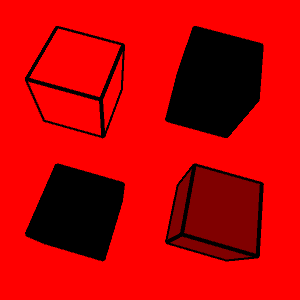 four cubes with black edges and red background. Going clockwise from the upper left, the cube faces are red, black, grayish red, and black.