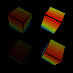 four rotating cubes against a black background. The cubes are different shades of red.