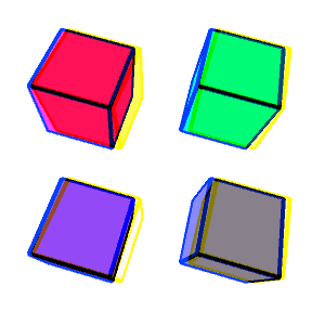 four cubes with black edges. Going clockwise from the upper left, the cube faces are red, green, gray, and purple.