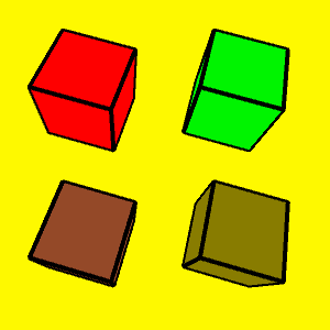 four cubes with black edges and yellow background. Going clockwise from the upper left, the cube faces are red, green, yellow, and brown.