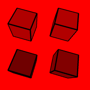 four cubes with black edges and red background. Going clockwise from the upper left, the cube faces are all shades of red.