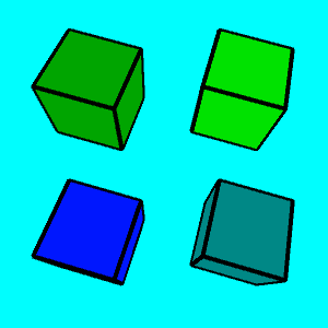 four cubes with black edges and cyan background. Going clockwise from the upper left, the cube faces are yellow, yellow, cyan, and blue.